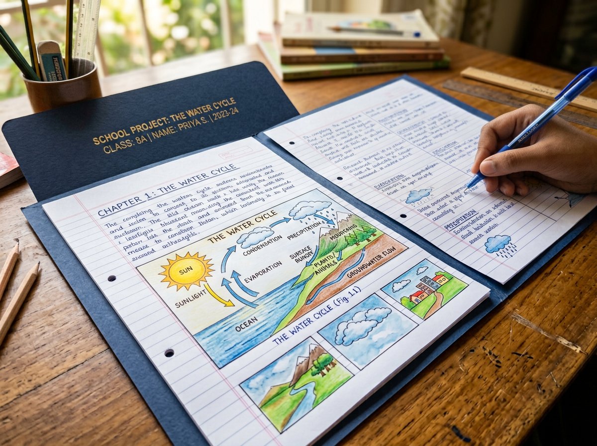 A finished handwritten Indian school project with tidy ruled pages and a colorful water-cycle diagram