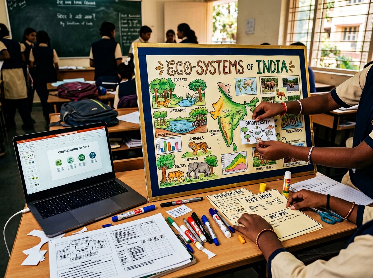 An Indian classroom project display board with colorful visuals, project pages, and a presentation laptop