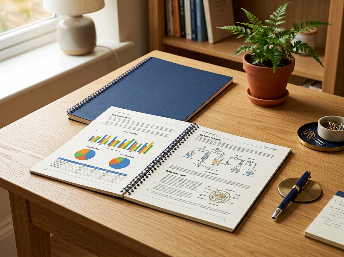 A bound printed school report with charts, diagrams, and a custom navy cover