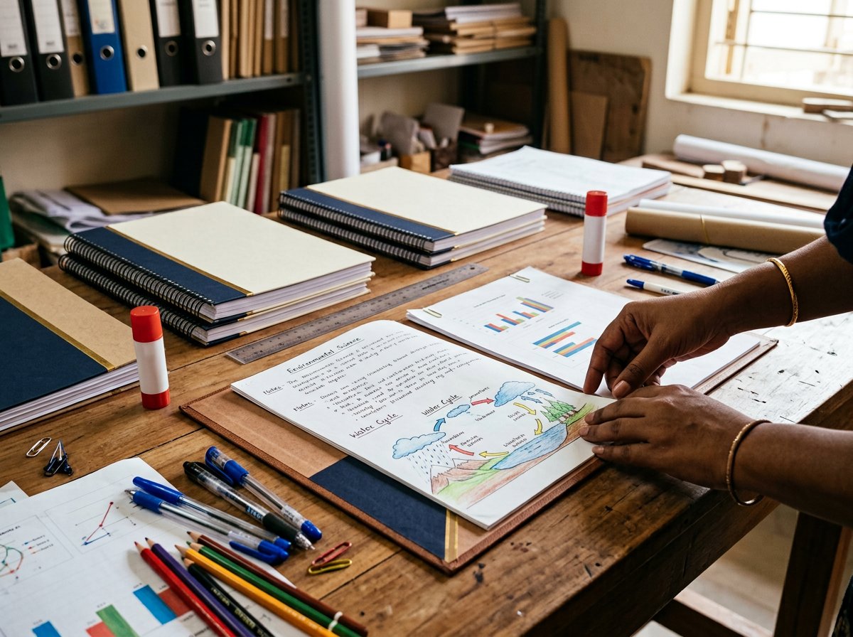 An Indian student project studio desk with finished project files, handwritten pages, charts, and stationery